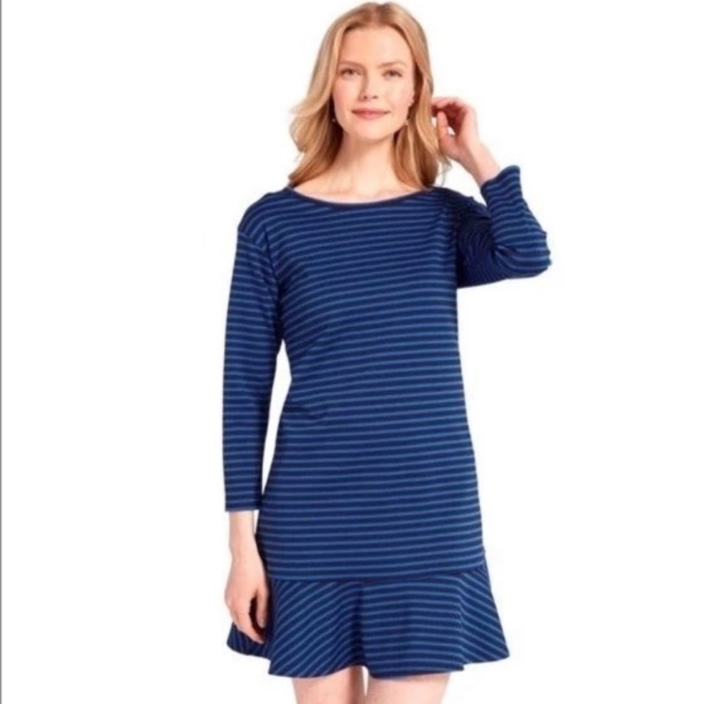 Draper James Navy and Blue Striped Dress with ruffle hem